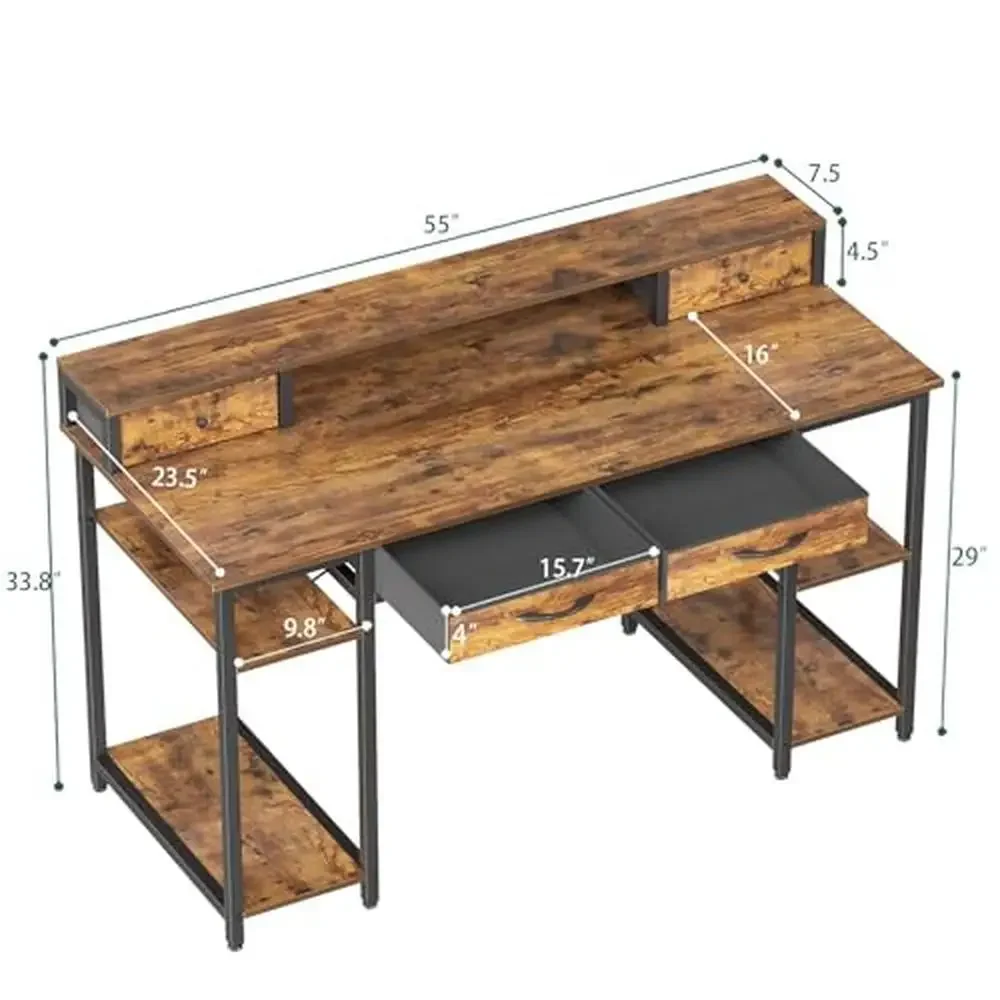 55" Computer Desk with Monitor Shelf Storage Drawers Home Office Work Study Desk Sturdy Steel Frame Wood Top Multi-Functional