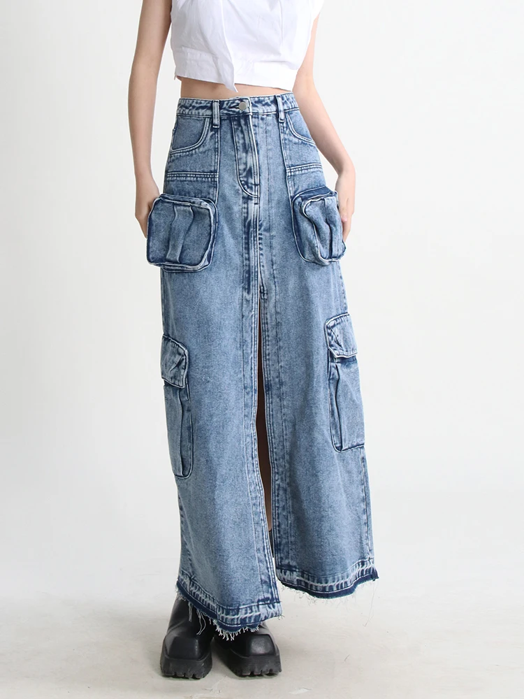 American Retro Heavyweight Multi-Pocket Denim  Skirt Women's High Waist Design Worn-look Slit Sexy Butt-hugging Long Skirt
