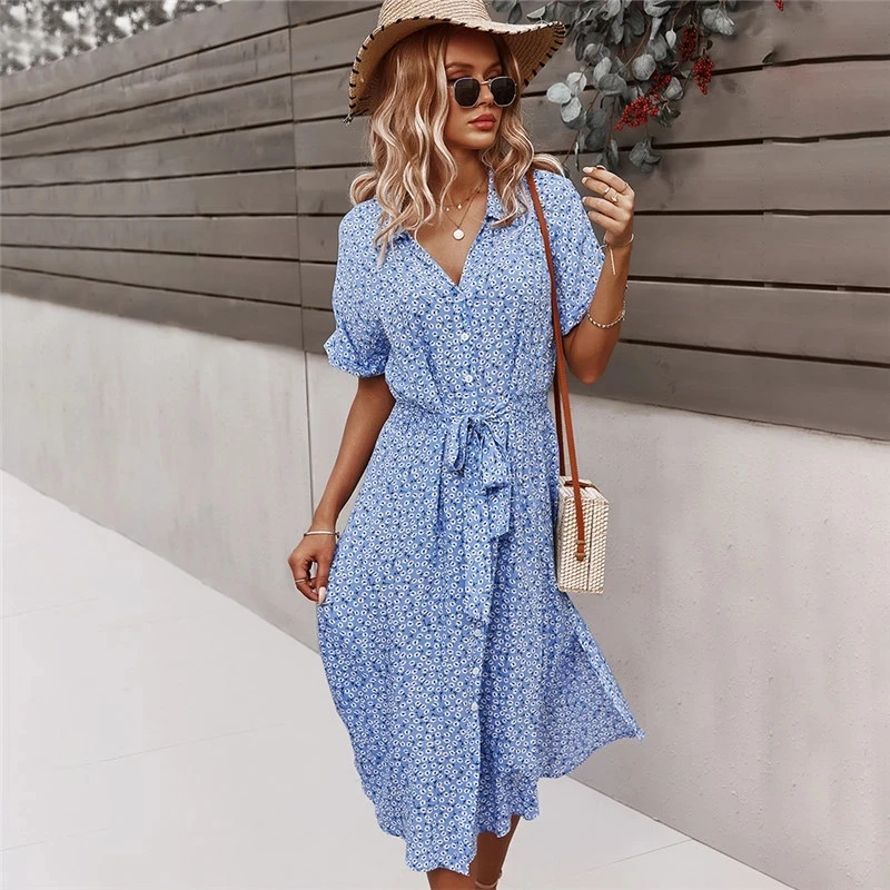 Vestido de verano con estampado Floral para mujer, pantalón corto informal de manga con botones, vestidos por debajo de la rodilla para vacaciones, vestido bohemio elegante para playa con cuello en V