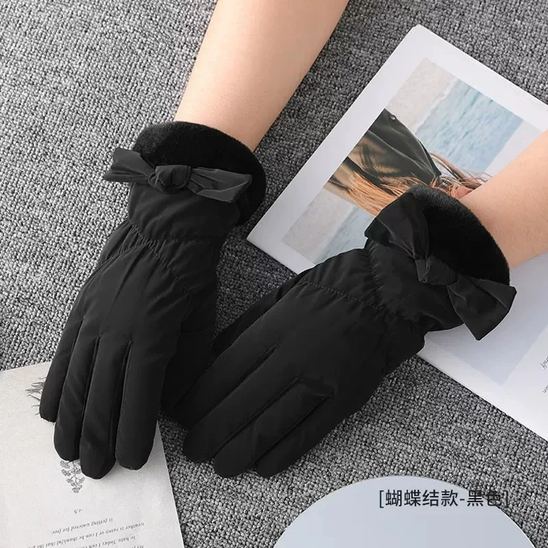 Winter Gloves Women Touch Screen Soft Skin-friendly Elegant Bow Wrist Outdoor Thicken Warm Cycling Driving Female Gloves