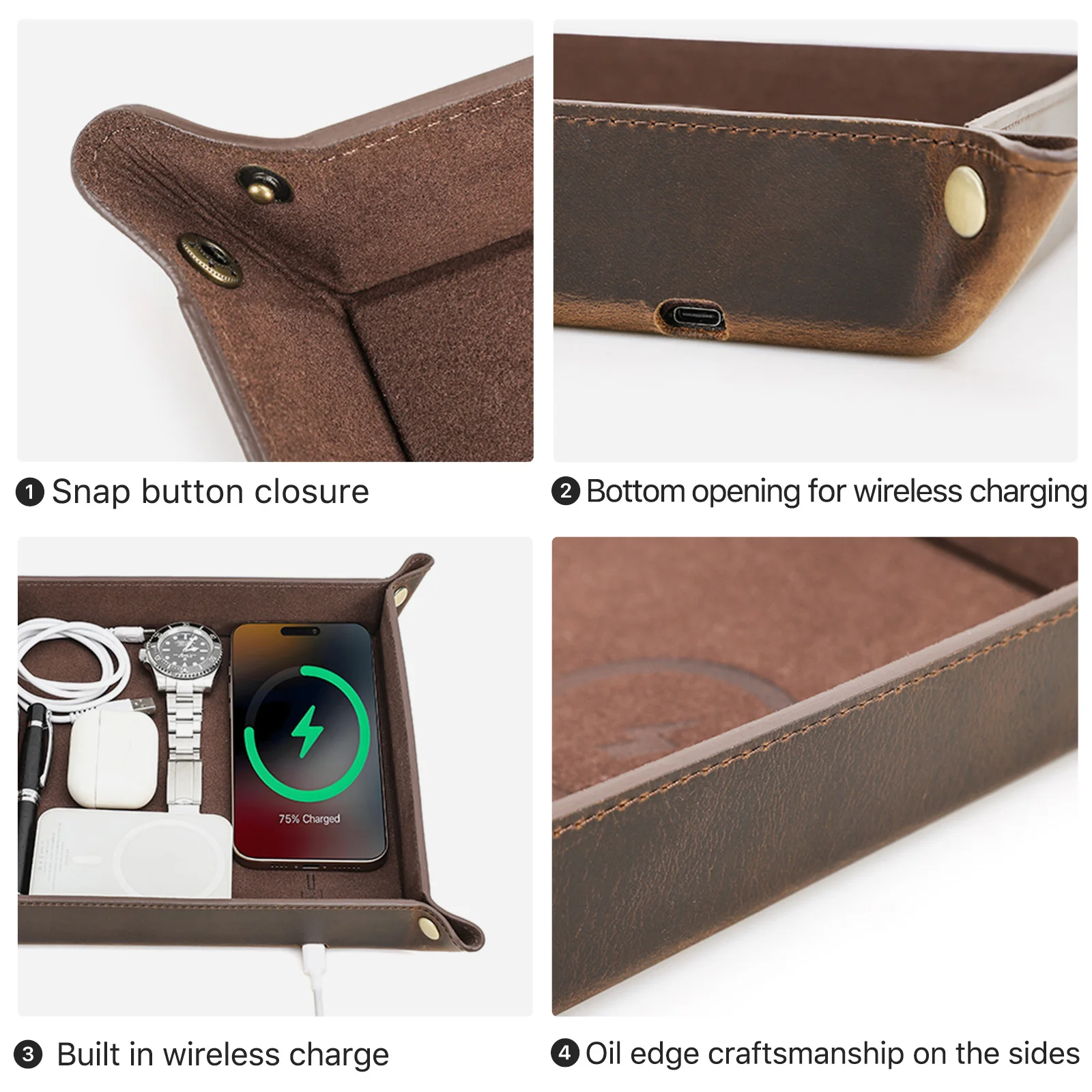 Creative Genuine Leather Valet Tray with Wireless Charging for Phone Key Coin Pen Desktop Storage Sundries Case Box Ornaments