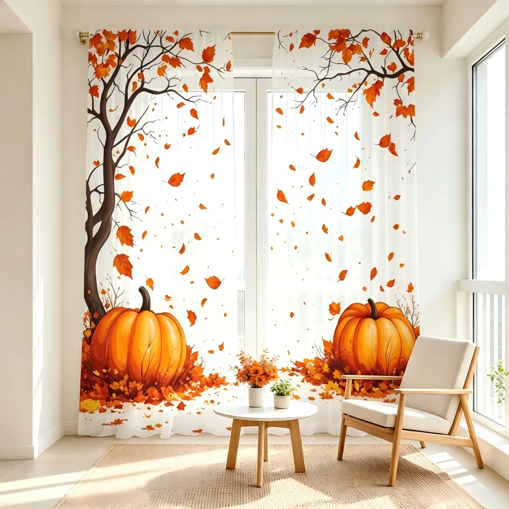 2PCS Digital Print Sheer Curtain, Autumn Maple Leaves Pumpkin Pattern, Thanksgiving Fall Harvest Style for Home Decoration