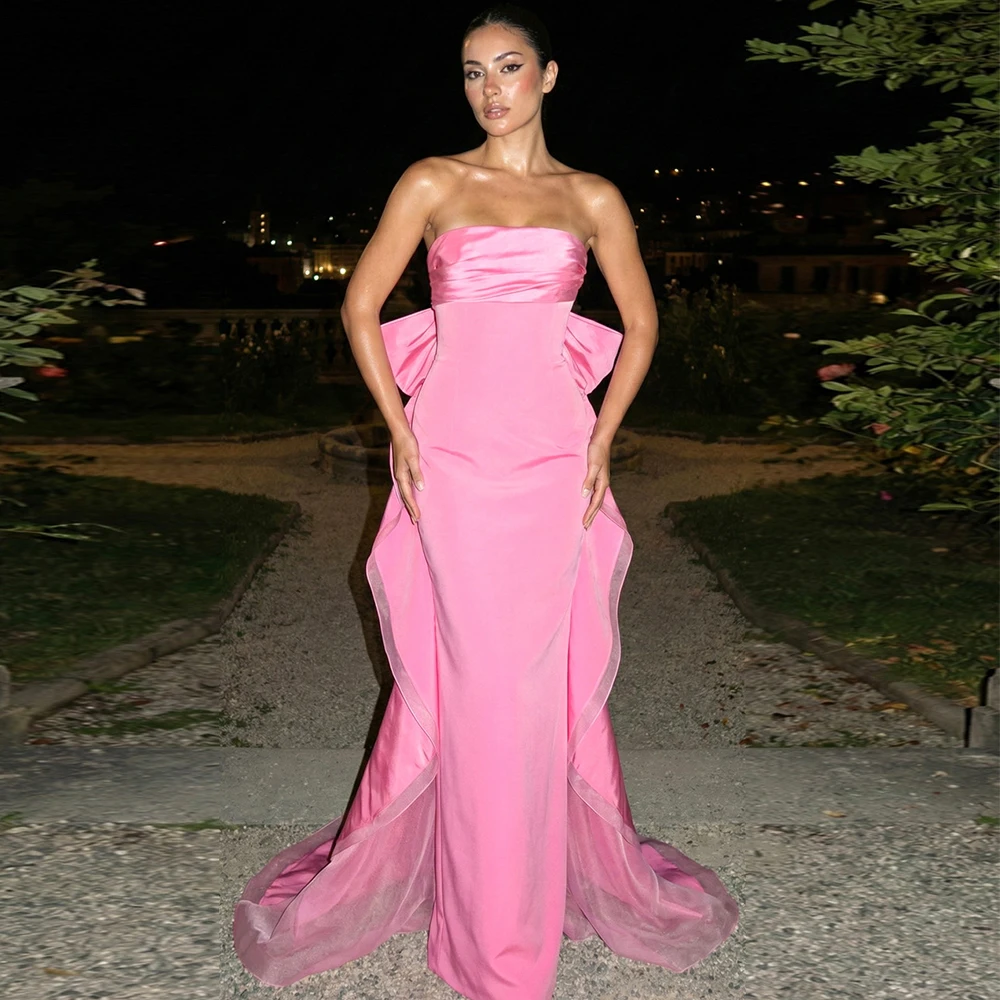 

Customized Cute Bow Evening Dresses Pink Luxury Party Dress Strapless Floor Length Formal Prom Gowns Long for Women Bespoke