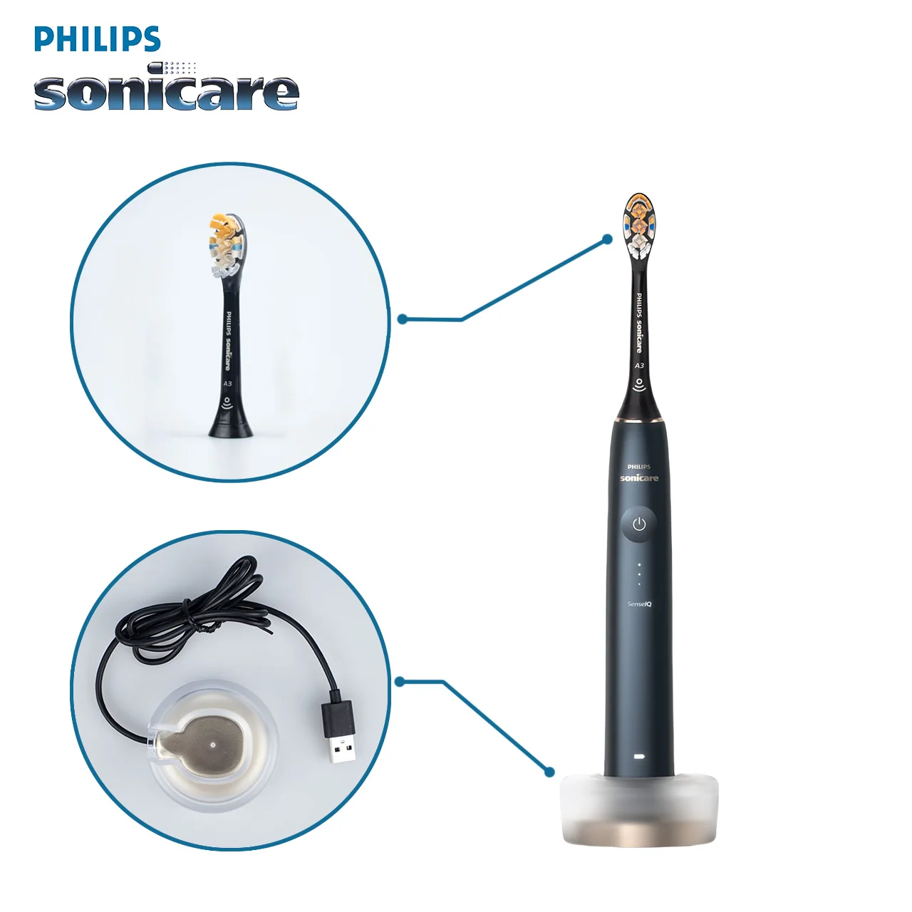 Philips Sonicare DiamondClean HX9996 elektrische tandenborstel oplaadbaar Philips vervangende koppen A3 volwassen marineblauw