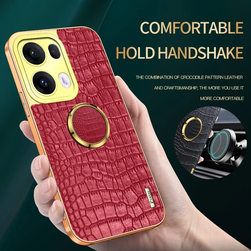Magnetic Holder Stand Cover Phone Case For OPPO Reno 11A 12 FS 13 10 Pro Plus 5G Silicone Soft Crocodile Texture PU Leather Case