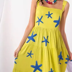 Printed Plaid Strap Patchwork Long Dress for Women Fashion Off Shoulder Sleveless Large Hem Suspender 2024 Lady Holiday Vestido