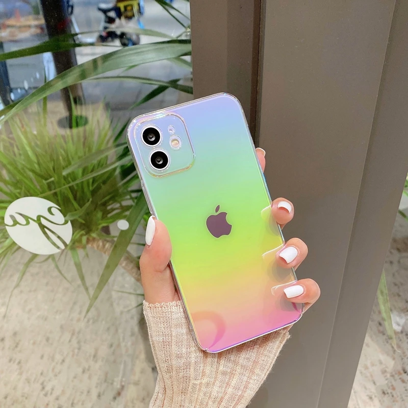 Fashion Rainbow Laser Phone Case For iPhone 11 12 13 14 15 Pro Max XS X XR 7 8 Plus Mini SE 2020 Luxury PC Bumper Back Cover