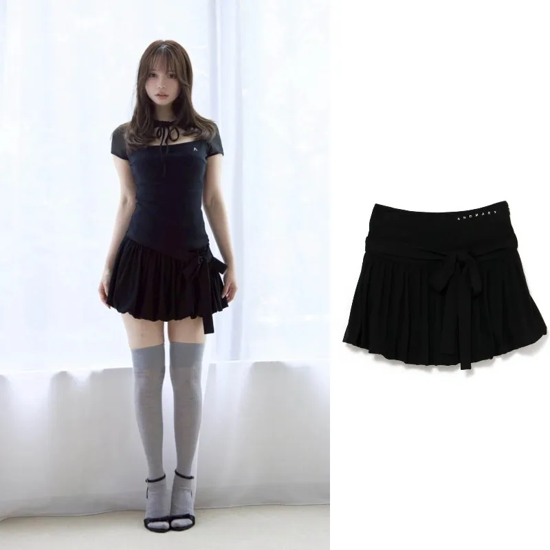 Summer Japanese Rojita Style Sweet Bow Tie Letter Embroidery Short Skirt Women's Clothing Black High-waisted Mini Skirts Ladies