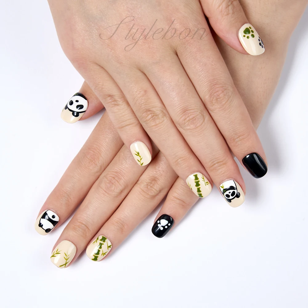 Chinese Panda Handmade Nails Short Round Acrylic Nail Press on Full Cover Fake Nails with Glue Decorated Nails Tips