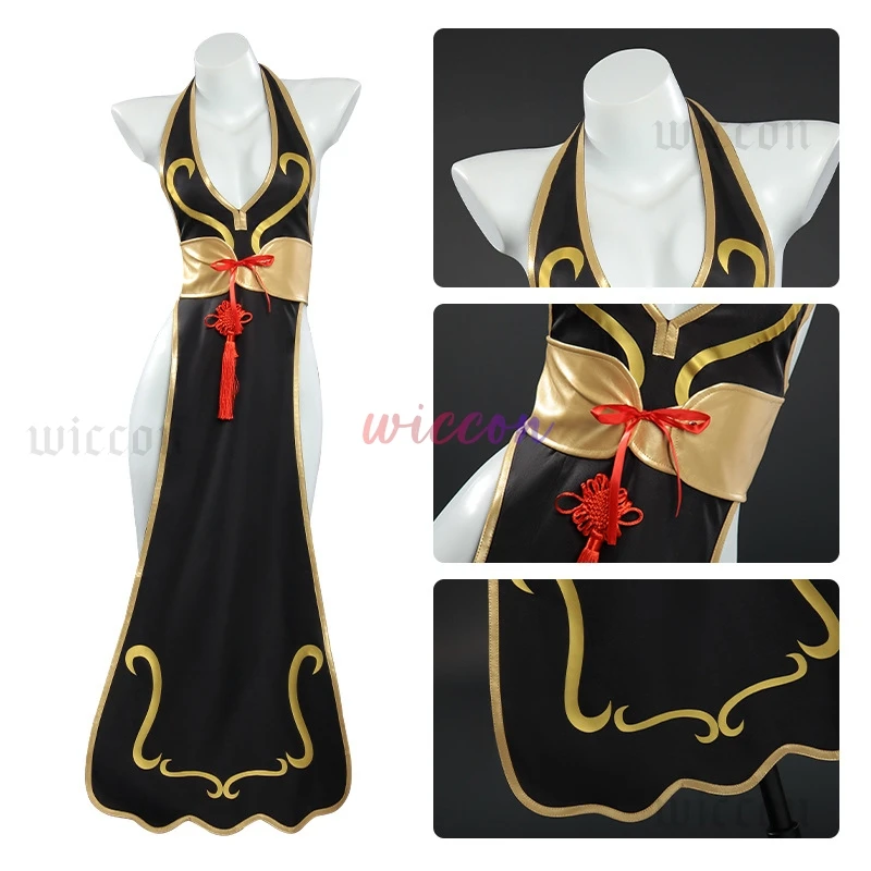 Chun Li Game Street Costume Cosplay Abito da battaglia nero Combattente Stile cinese Cheongsam Donna Parrucca per adulti Blu Festa di Halloween