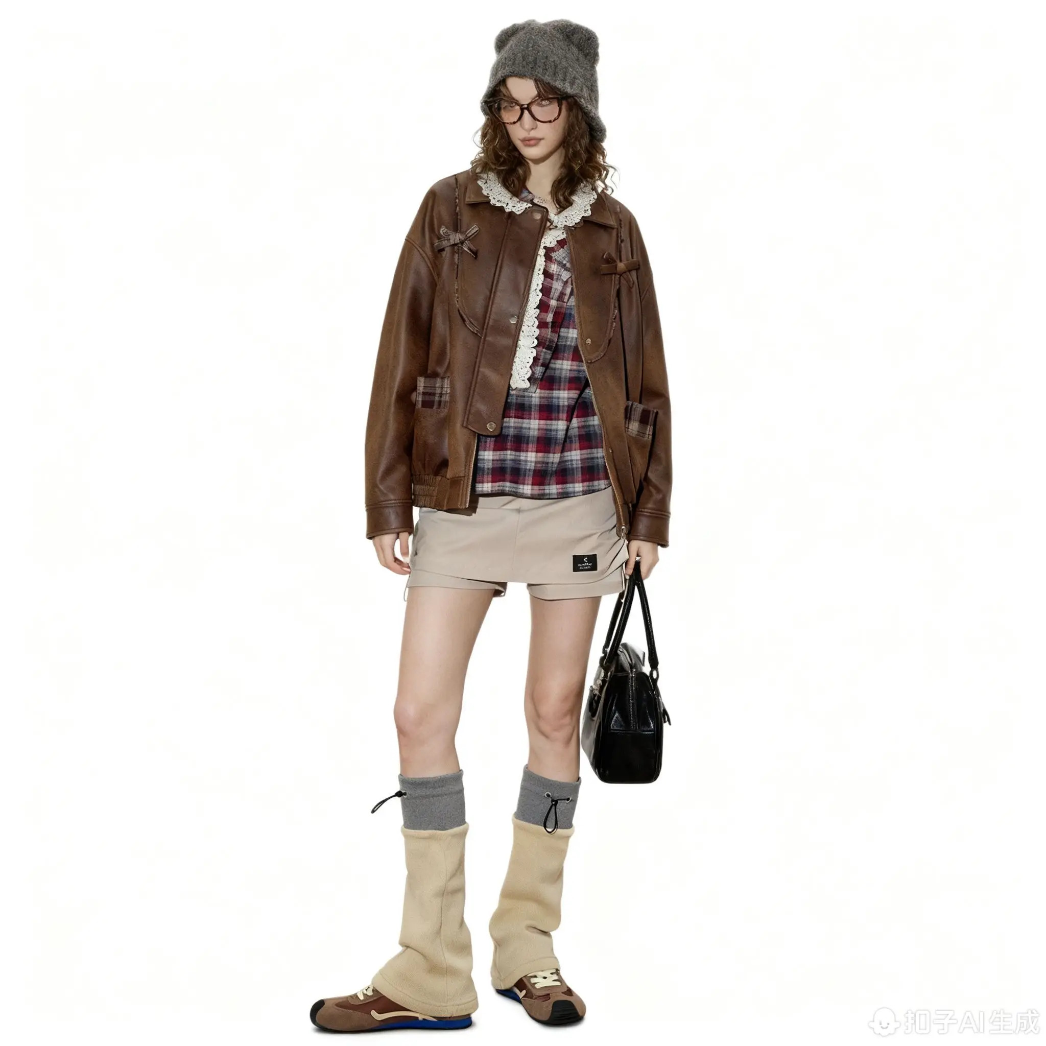 Veste courte en cuir pour femme, Vintage, Style Y2K, coupe ample, Plaid, Patchwork, Design rétro, surdimensionné, vêtements d'extérieur d'automne, nouvel arrivage