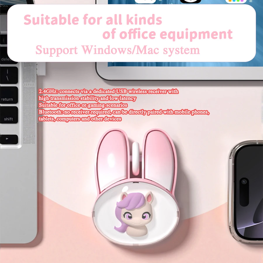 Cute Unicorn Doll Bunny Shape Mute Mouse 2.4G&Bluetooth Dual-Mode Wireless Optical Mice Laptop Desktop Universal For Girls Gifts