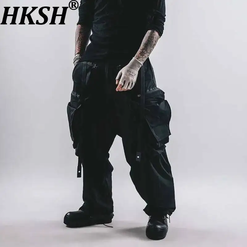 

HKSH Spring Autumn New Man Tide Solid Color Dark Versatile Techwear Wide-Leg 3D Cut Large Pockets Casual Cargo Pants Ins HK12676