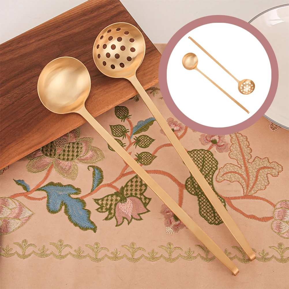 

2pcs Long Handle Brass Soup Spoon Hot Pot Ladle Set Food Serving Colander Ergonomic Design Rust-Proof Kitchen Cookware For Home
