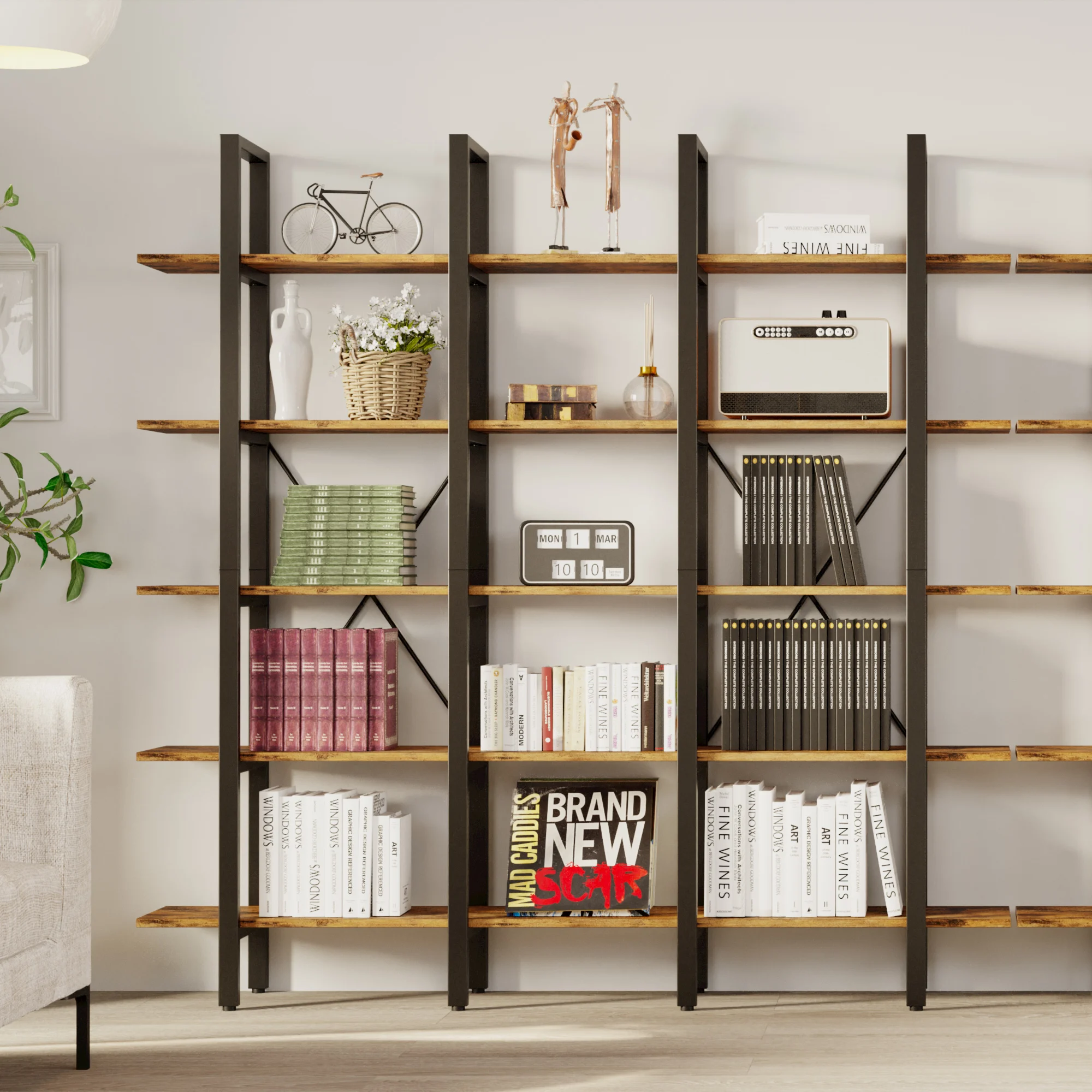 IRONCK Bookshelves Triple Wide 5 Tiers Large Open Shelves, Display Shelf with Back Fence for Home Office Decor, Easy Assembly