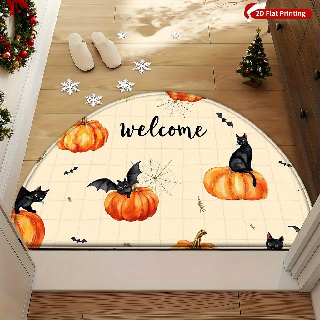 Cute Ghost Witch Cauldron Graphic Semi Circle Doormat Spooky Halloween Welcome Mat
