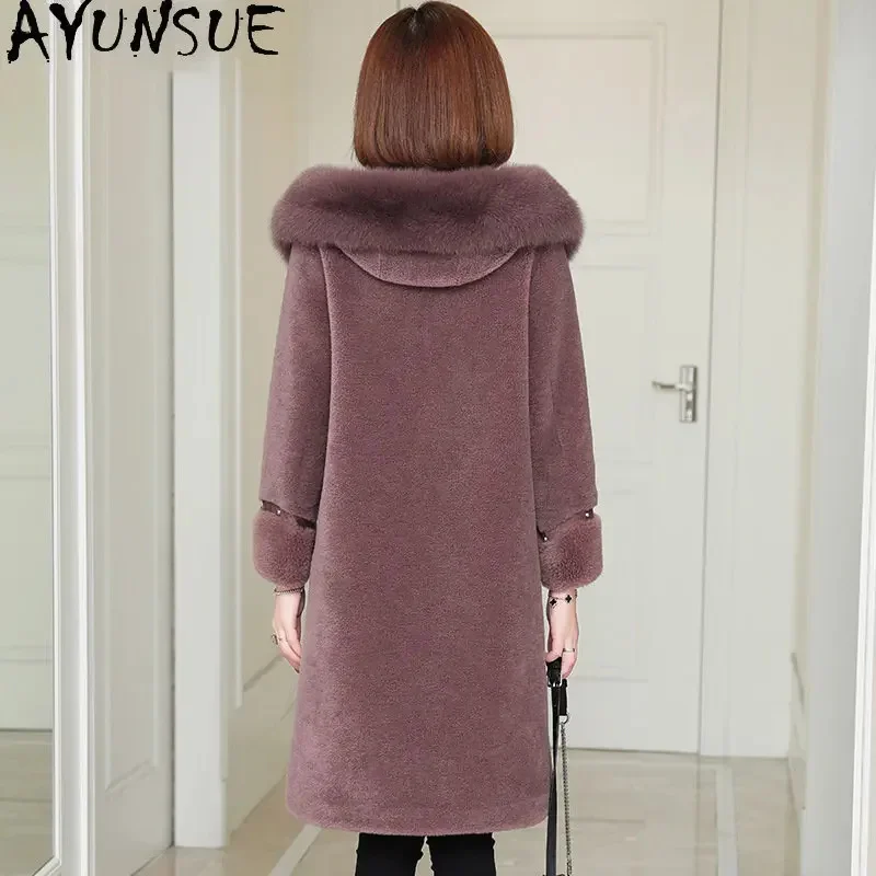 100% Sheep Shearing Coat Hooded Fox Fur Collar Medium-length Wool Coats For Women Winter Jacket Jackets Abrigos Mujer