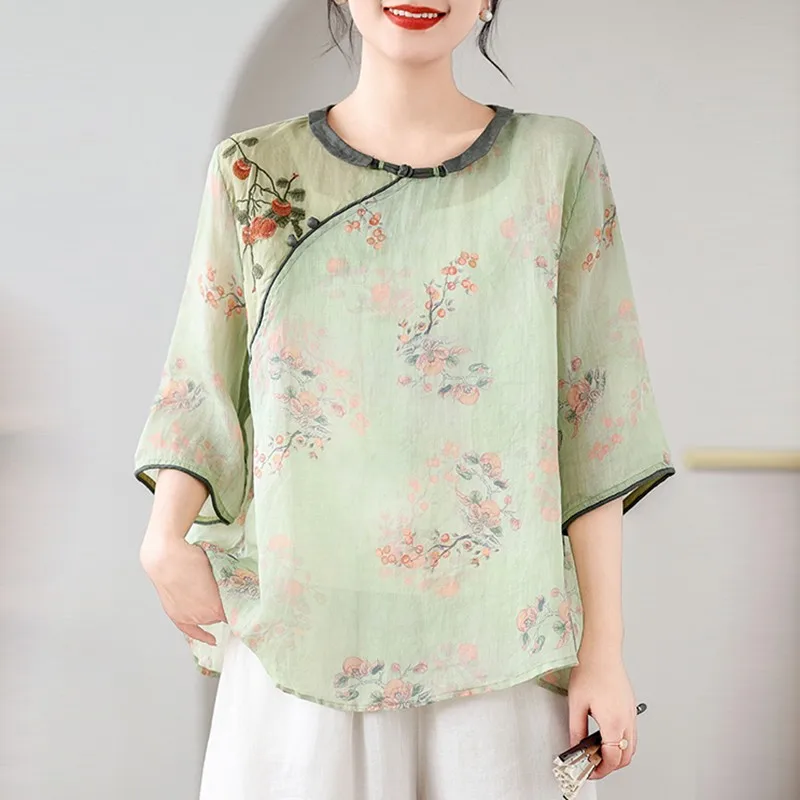 Women Casual Blouse Shirt New Arrival 2024 Summer Chinese Style Vintage Floral Print Loose Female Tops Shirts W1824