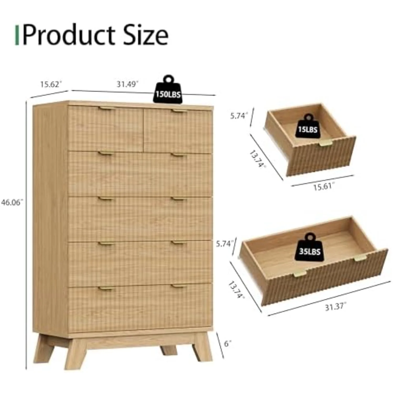 Fluted Dresser for Bedroom with 6 Drawers, 46