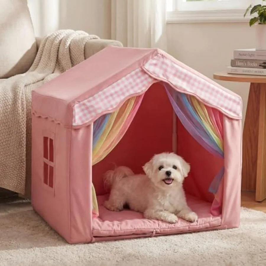 

Cute Pink Princess 26" Dog House Tent Bed for Pets Dogs Cats, Cozy Confortable Puppy Cat Rabbit Kennel Bed Tent w/Washable Cush