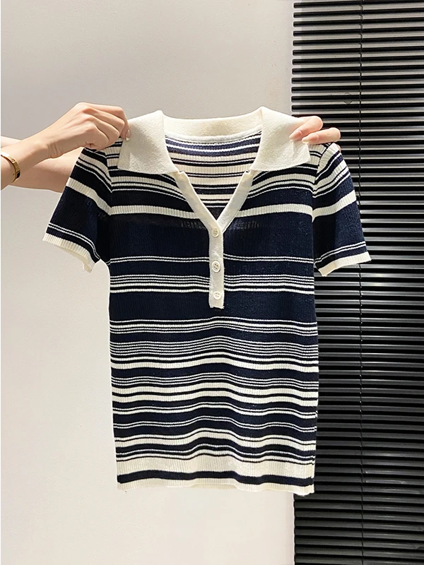Slim Fit Korean Style Neck Short Sleeve Knitted Shirt Women Summer 2026 New Design Striped Button up Top Fashionable