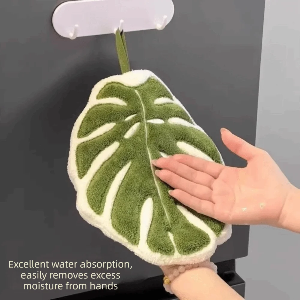 New Cartoon Leaf Hand Towel Coral Velvet Absorb Water Bathroom Kerchief Thickened Hanging Kitchen Handkerchief Kitchen