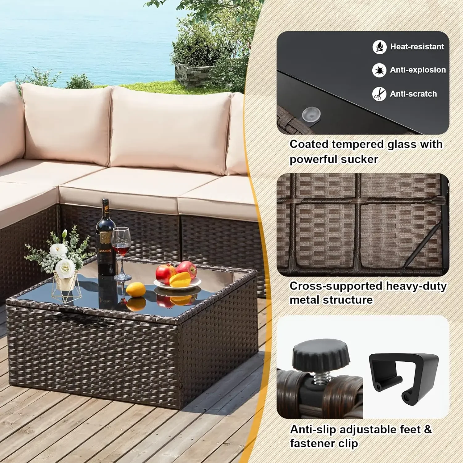 7 Piece Patio Furniture Set, PE Rattan Sectional Sofa High Back Outdoor Furniture Set Wicker Patio Conversation Set with Cushion
