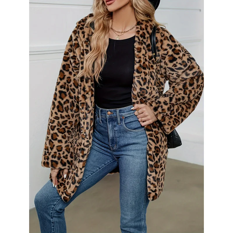 2024Leopard Print Stud for Autumn and Winter Fashion Temperament Imitation Fur with Pockets Loose Woolen Coat