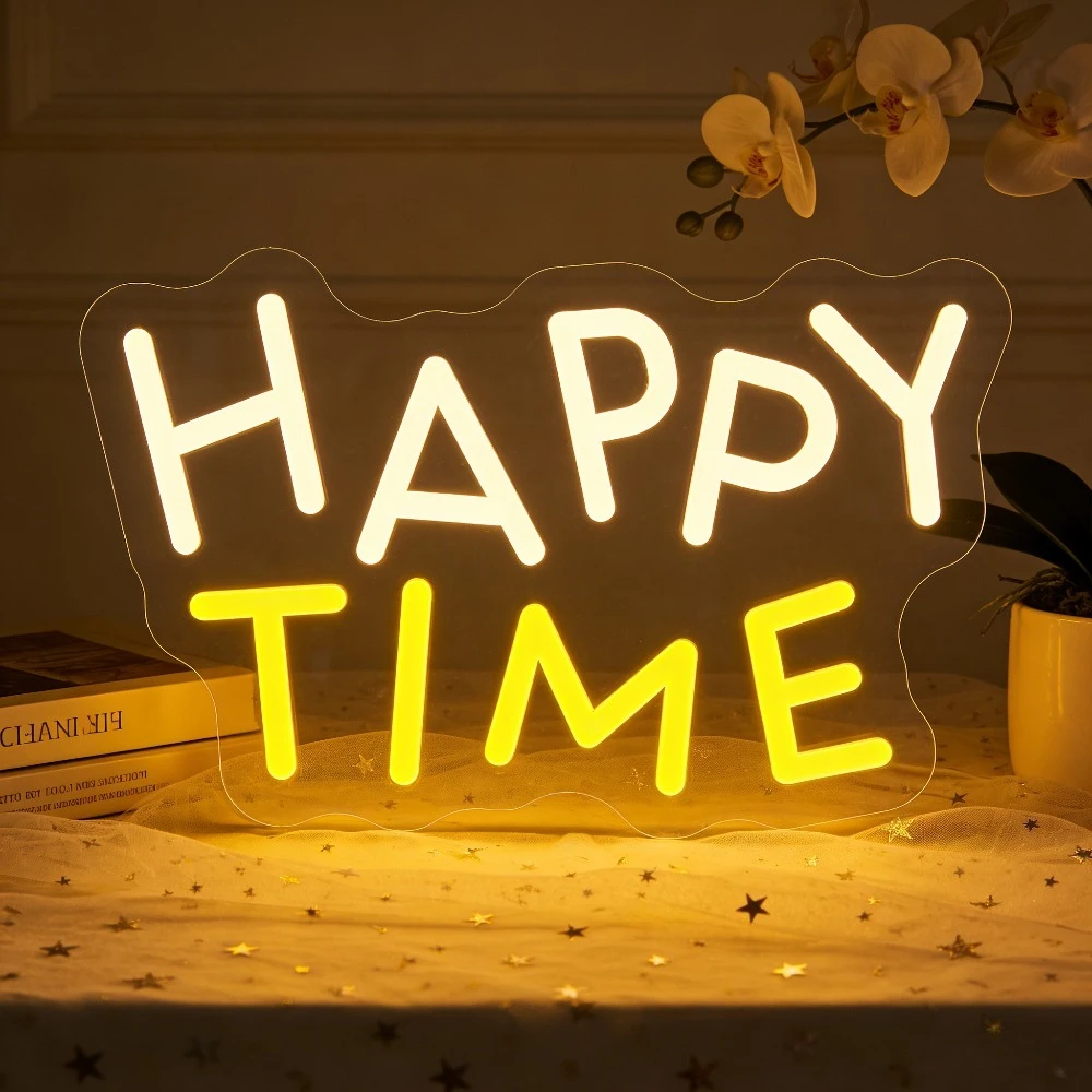 

Happy Time LED Neon Sign Wall Art with Batteries for Bedroom Living Room Bar Wedding Party Decor Creates Cozy Atmosphere Gift