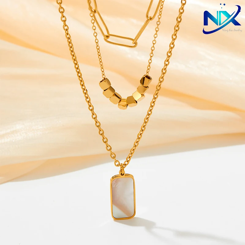 New Women's Geometric Square White Fritillaria Collarbone Chain Three-Layer Stacked Wear Stainless Steel Necklace Wholesale Gift