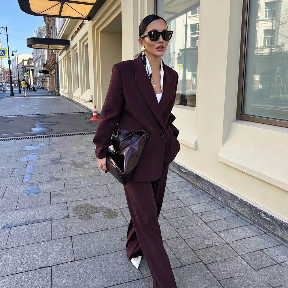 Chic Women's Suit 2 Pieces Set Double Breasted Peaked Lapel Jacket+Pants Tailored Office Female Outfit Evening Party Wear