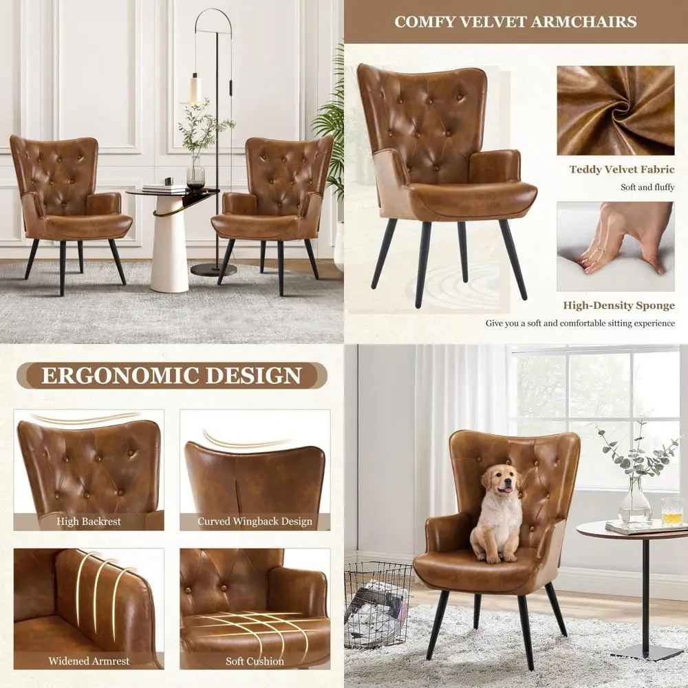 

Set of 2 Brown Leather Accent Chairs with High Backrest, Wingback Design for Mid Century Modern Reading