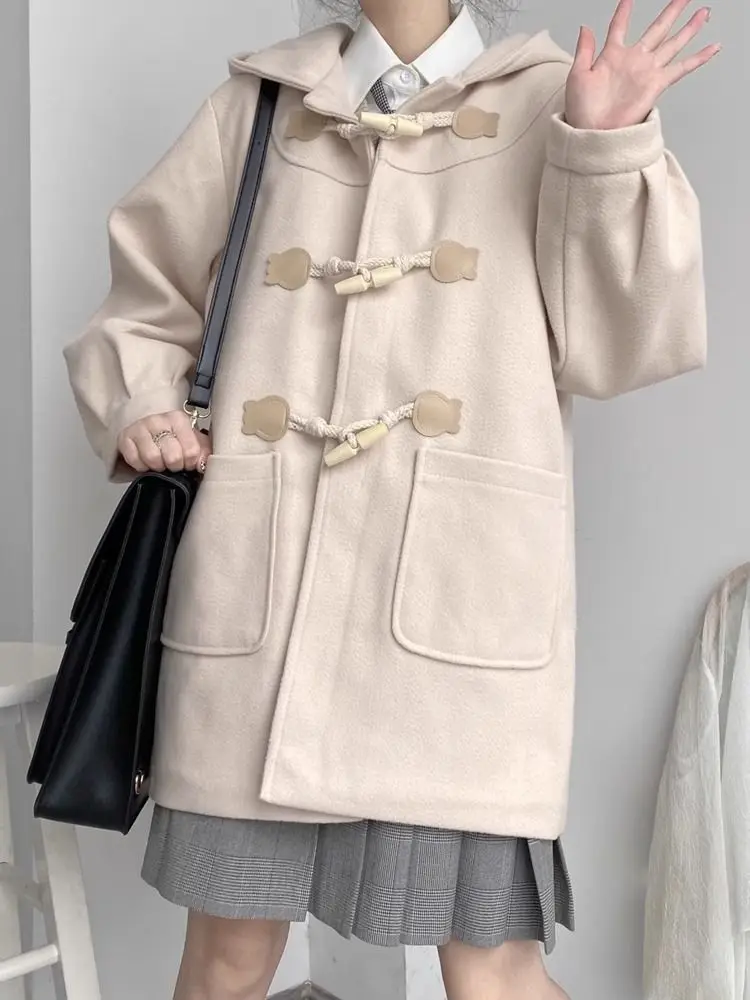 2025 Winter Thicked Warm Jackets Japanese Subcultural Woolen Coat Women's Hooded Y2k Mid-length Loose Top for Women Trench