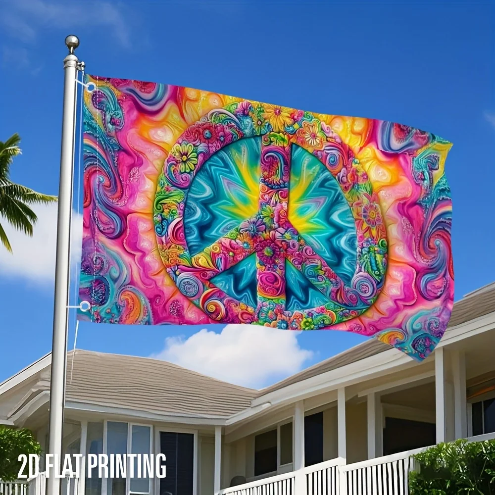 Hippie Psychedelic Peace Sign Garden Flag Durable Polyester Outdoor House Banner