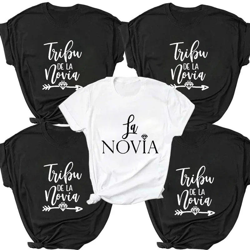 2023 Camisas para as Mulheres La Novia Espanha Inscriptions Equipe Noiva Femme Casamento Chuveiro T-Shirt Menina Bachelorette Hen Party T Shirts