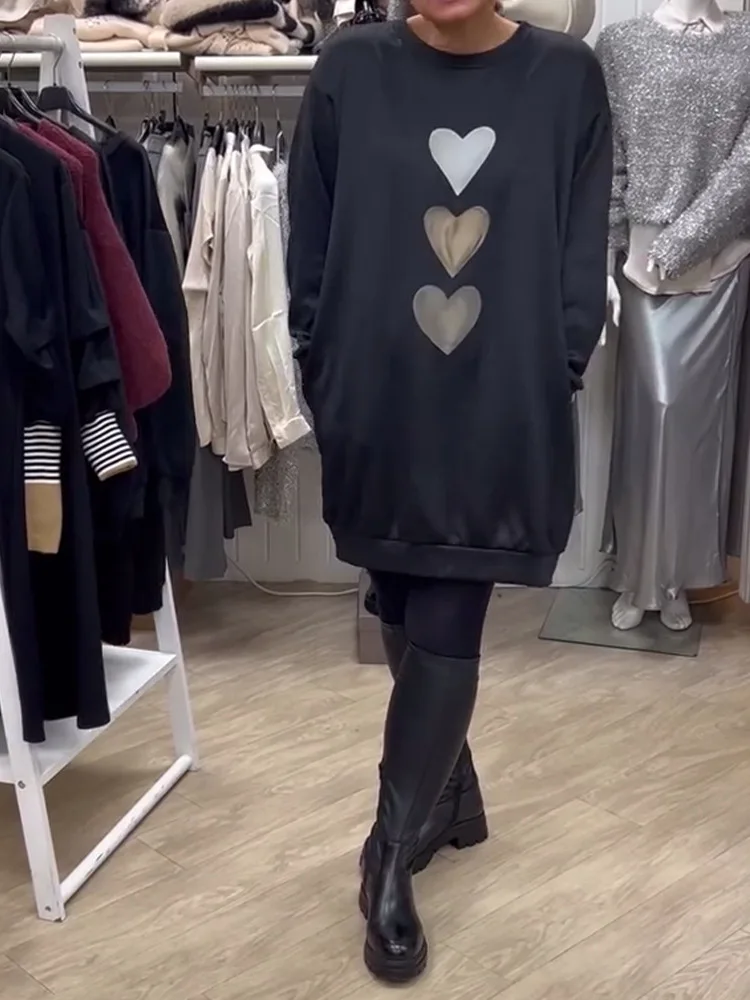 TOY-2025New Fashion Versatile Round Neck Long Sleeve Casual Heart Sweatshirt Dress Women's Clothing