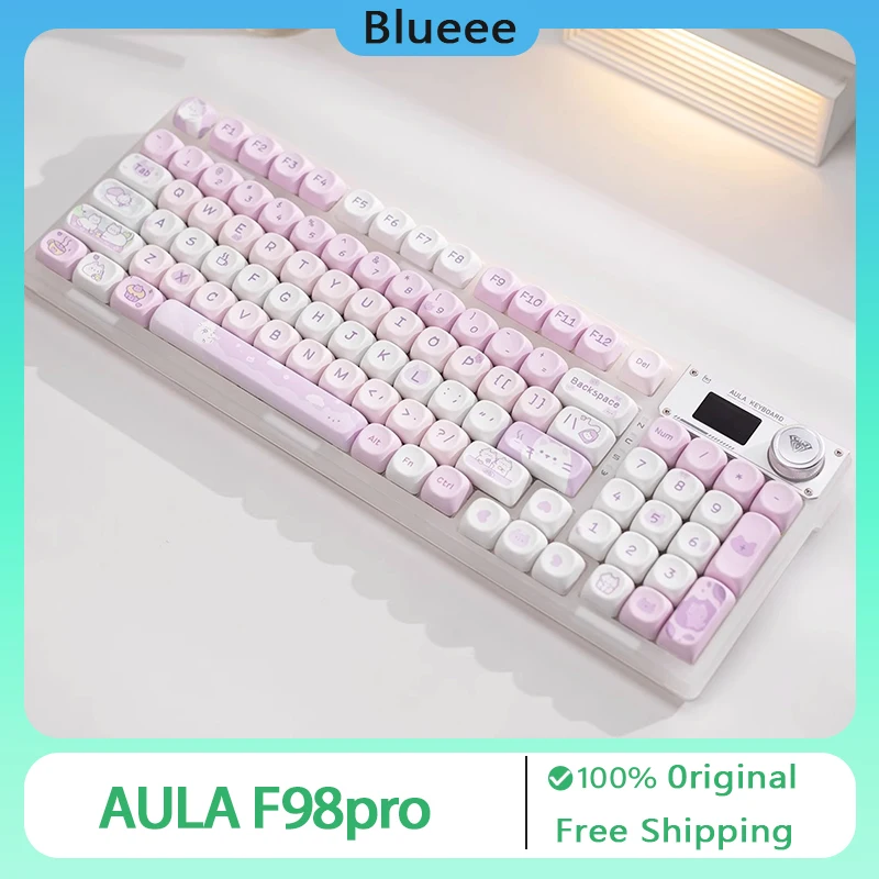 AULA F98pro Mechanical Keyboard Three Mode Wireless Keyboard 95keys TFT Screen Multimedi Knob Girl Gifts Office Gamer Accessory