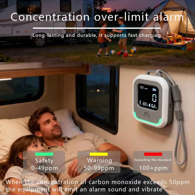 

3 in 1 Carbon Monoxide Detector Temperature Humidity Sensor High Precision CO Alarm for Home Camping Indoor Outdoor Safety Monit