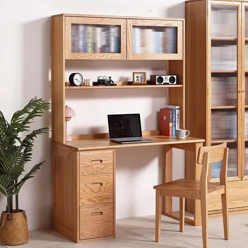 #All solid wood red oak Prague desk plus shelf oak book table chair study table combination one-piece storage desk