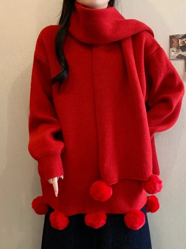 

Red Knitted Sweater for Women with Scarf And Ball Design Autumn Winter plus Size Trendy Anti-Aging Beautiful Top Faionable