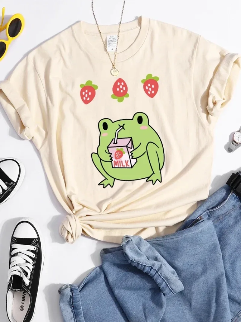 Women Soft Cool T-Shirt Sport Summer Tee Street Hip Hop Crop Top Green Frog Who Loves Drinking Strawberry-Flavored Milk Tshirts