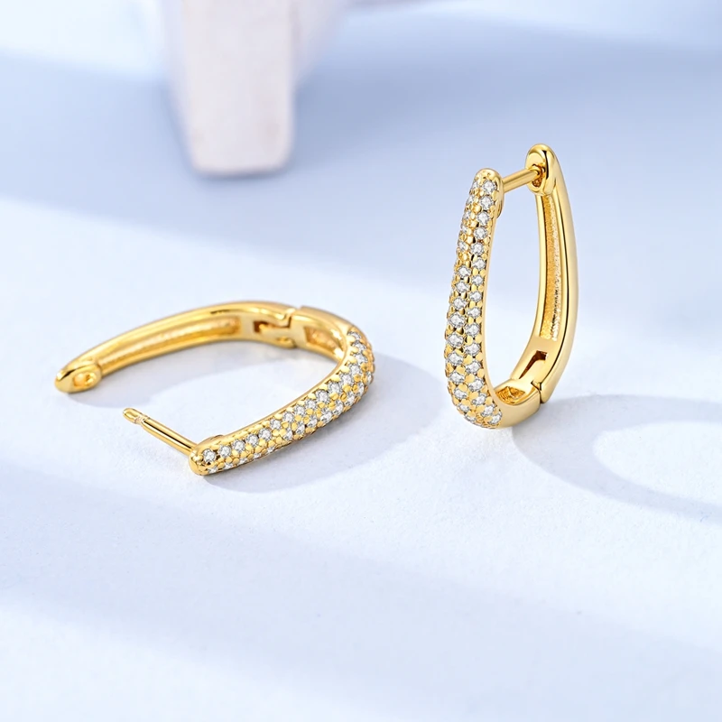 

925 Sterling Silver Earrings Women Gold Sparkling Long U-Shaped Hoop Earring For Anniversary Wedding Jewelry Gifts