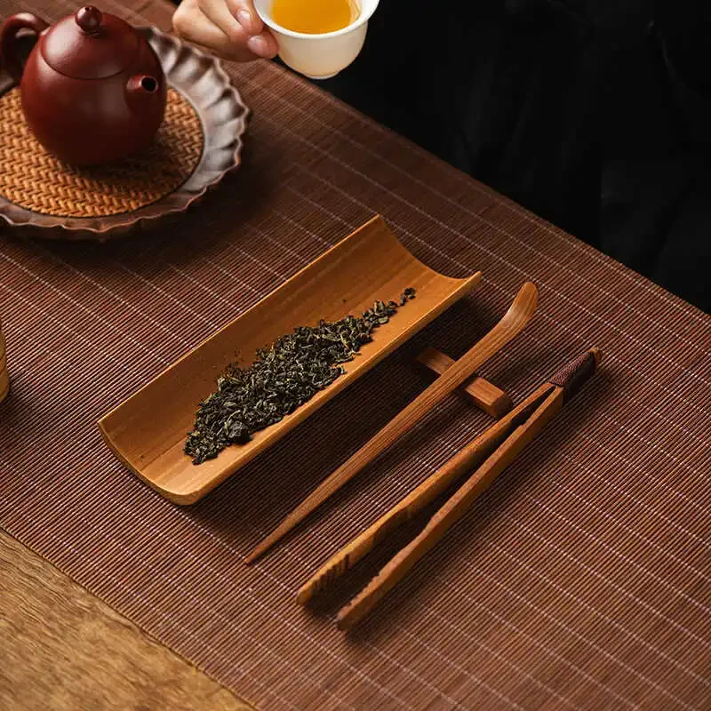 Bamboo four-piece tea ceremony accessories portable storage bag bamboo clip tea scissors tea art tools