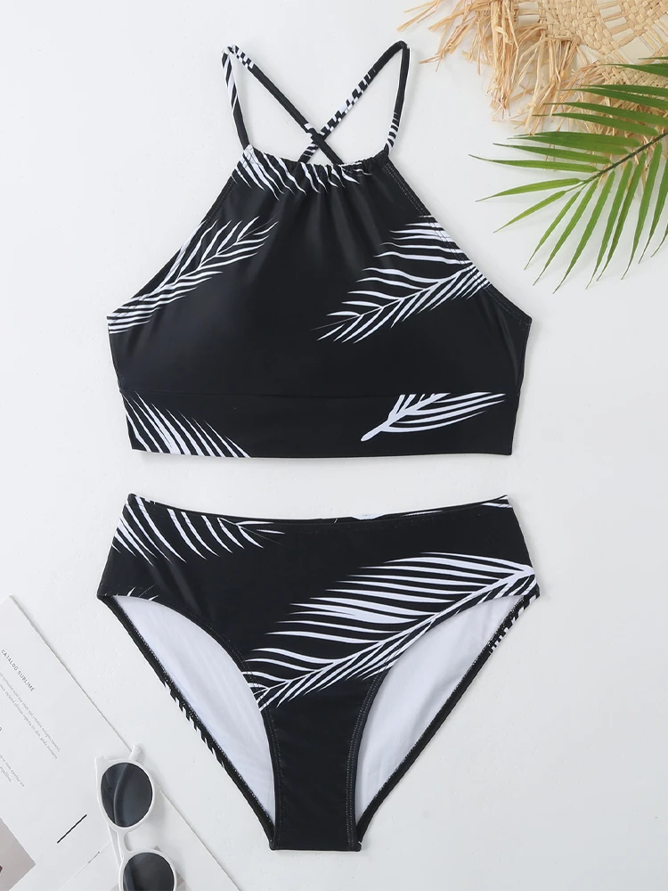 Black Suspender Women's Bikinis Trend 2024 Leaf Print Three Piece Swimsuit Set Sexy High Waisted Backless Vacation Bathing Suit