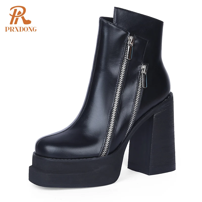 PRXDONG 2023 Classic Women Ankle Boots Dress Working Autumn Winter Casual Thick High Heels Genuine Leather Shoes Woman Size 39