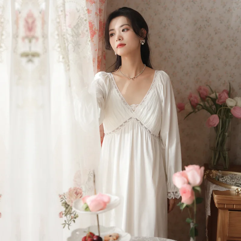 Women Long-sleeved Cotton Nightdress Retro Court Style Nightgowns Princess Sexy Lace V-neck Sleepwear Long Pajamas Home Service