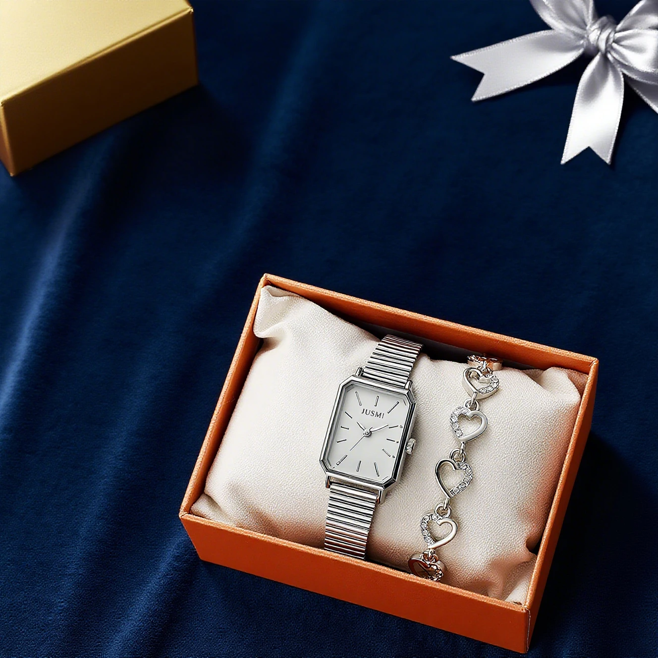 

Модные компактные женские кварцевые часы с квадратным циферблатом и ремешком из сплава, браслет с сердечком и бриллиантами, комплект из 2 предметов на День Благодарения, Рождество G