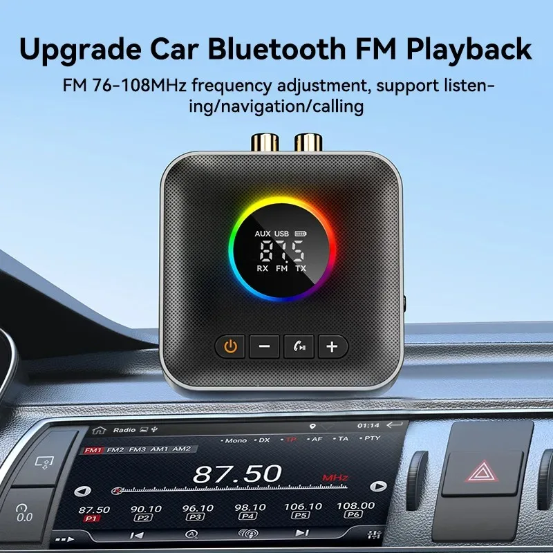 4-в-1 RGB Красочная подсветка Bluetooth 5.4 Аудиоприемник Передатчик FM USB 3,5 мм AUX RCA HIFI Музыка Светодиодный дисплей Беспроводной адаптер