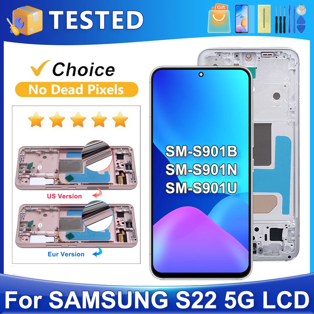 

S22 для Samsung протестировано для S22 5G S901B S901U S901W S901N S901E ЖК-дисплей с цифровым преобразователем сенсорного экрана в сборе, замена