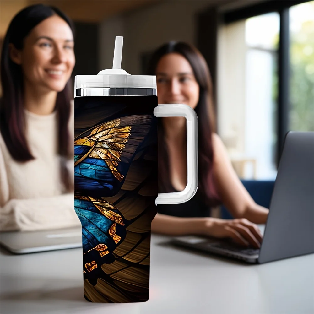 1ps Elegant Vintage Stained Glass Butterfly Tumbler with Handle & Straw Lid - Suitable for Outdoor & Indoor Use, Stained Glass Cup for Iced Drinks, Smooth Sipping for Parties, Picnics,, Travel, Hydration Container